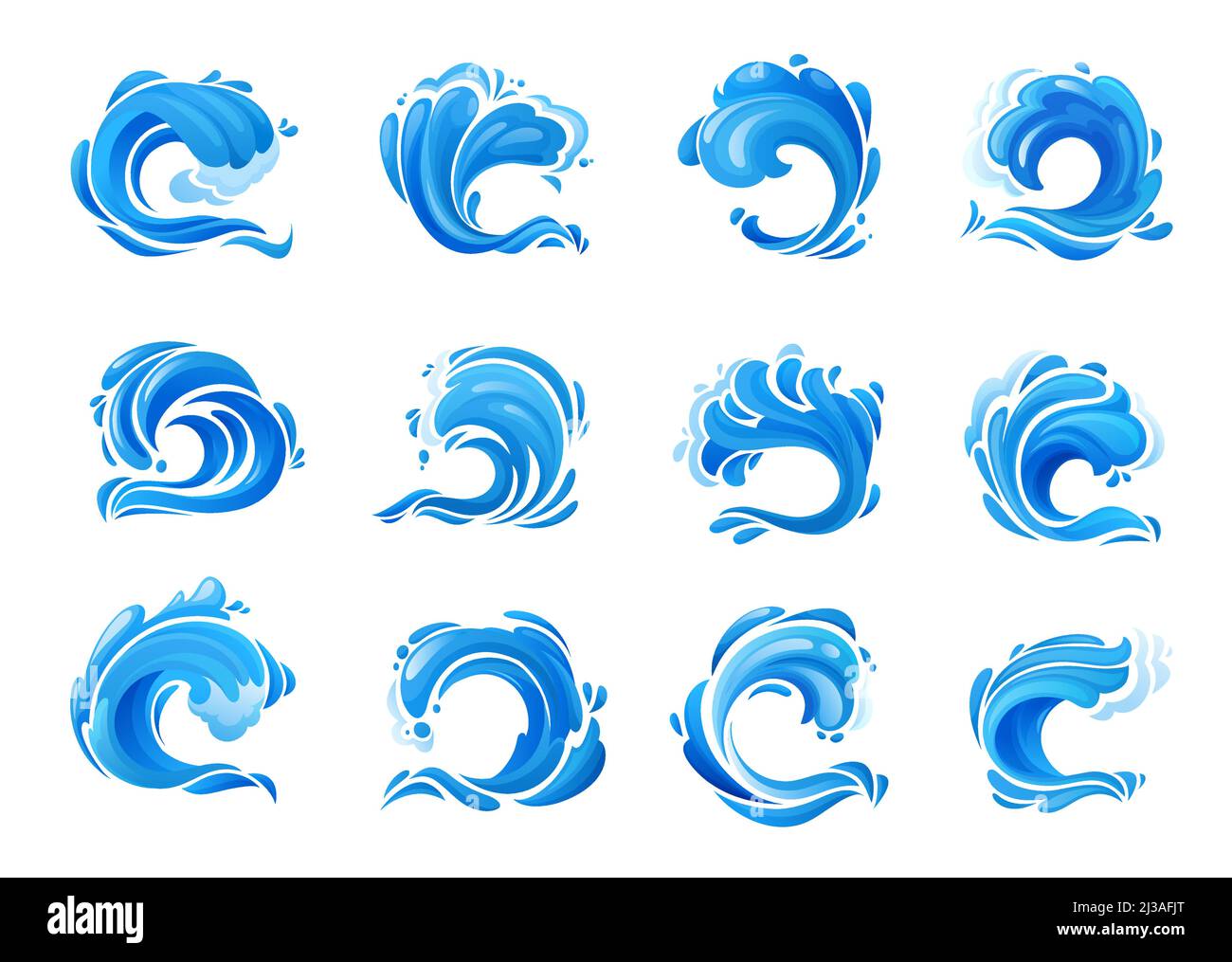 Tsunami-Wellen und Surf-Symbole. Isolierte blaue Sturmseewellen, Cartoon-Vektor-krachende Meereswellen, Hurrikane oder Taifun-Seespritzer mit Wasserschaum, Wasserwirbeln, Tropfen und Wellen Stock Vektor