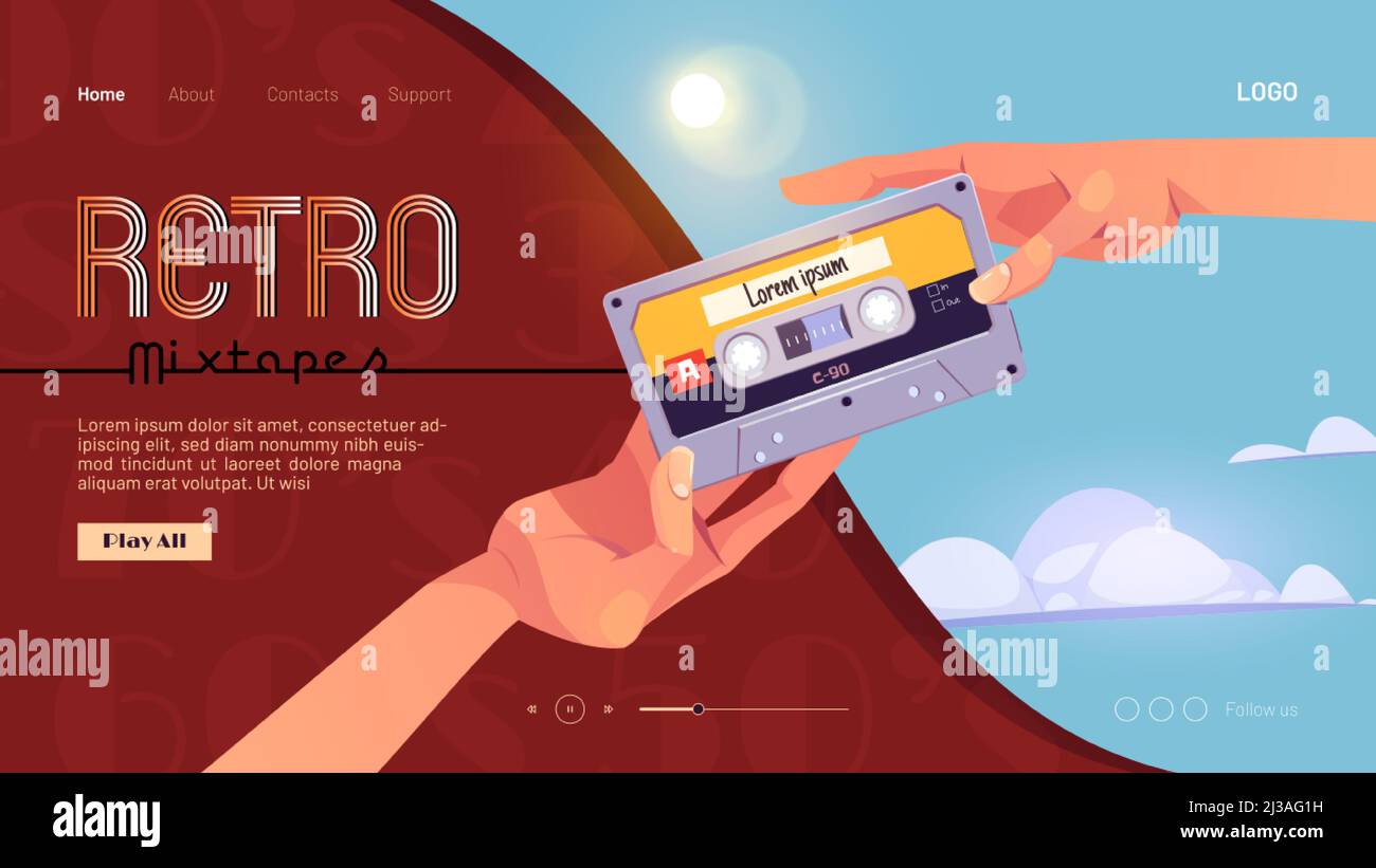 Retro-Mixtapes Cartoon Landing Page mit menschlichen Händen geben Audiokassetten zueinander. Vector Musiksammlung von achtziger oder neunziger Jahren. Mix t Stock Vektor