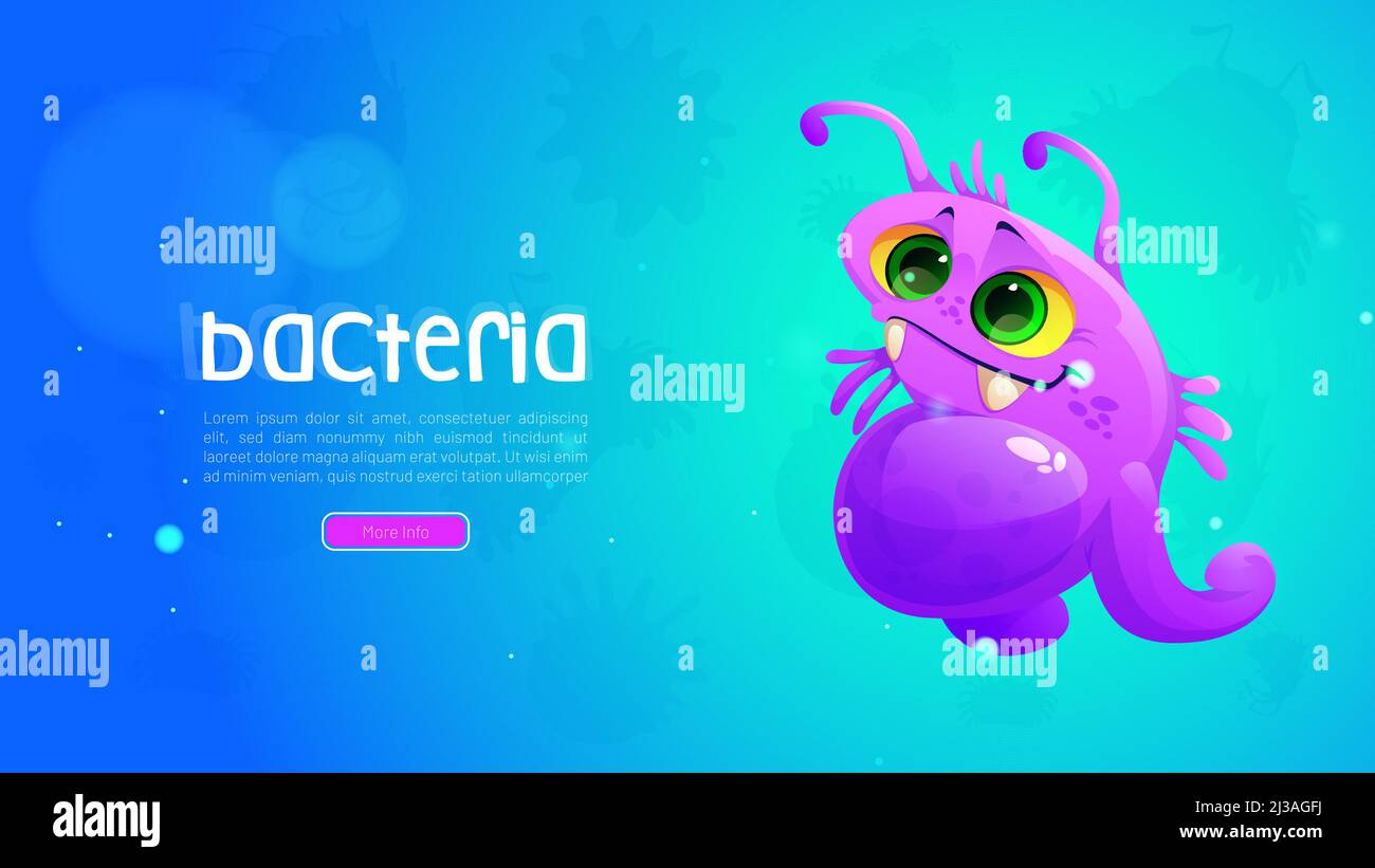 Cartoon Web-Banner mit niedlichen Bakterien oder Pathogen Zellcharakter. Lustige Virus, Mikrobe, lächelnde Mikroorganismus, lila Keim mit Antennen und Reißzähne, Allergie Kinder medizinische Persönlichkeit Vektor-Illustration Stock Vektor
