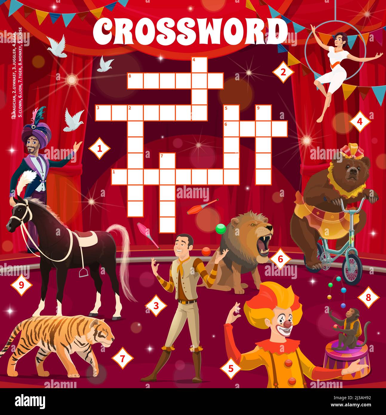 Tiere, Akrobaten und Darsteller auf der Shapito-Zirkusbühne