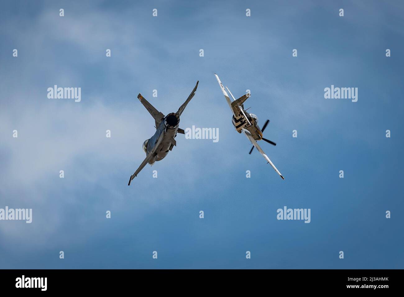 US Air Force Capt. Aimee „Rebel“ Fiedler, F-16 Viper Demonstration Team Pilot und Kommandant, führt eine Luftdemonstration mit einem P-51 Mustang während der Shaw Air & Space Expo auf der Shaw Air Force Base, South Carolina, 2. April 2022. Die Teilnahme an Flugshows ermöglicht es den 20FW, ihre Fähigkeiten der Öffentlichkeit zu präsentieren und gleichzeitig Gemeinschaftsbeziehungen aufzubauen. (USA Luftwaffe Foto von Senior Airman Madeline Herzog) Stockfoto