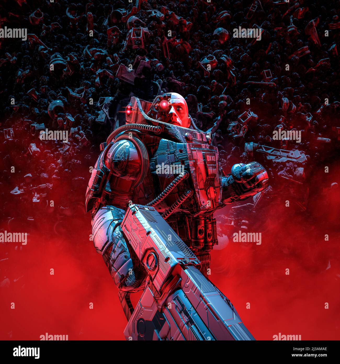 Tief im Kern - 3D Illustration von Science-Fiction militärischen Roboter Krieger Erkundung unterirdischen Alien-Höhle Stockfoto