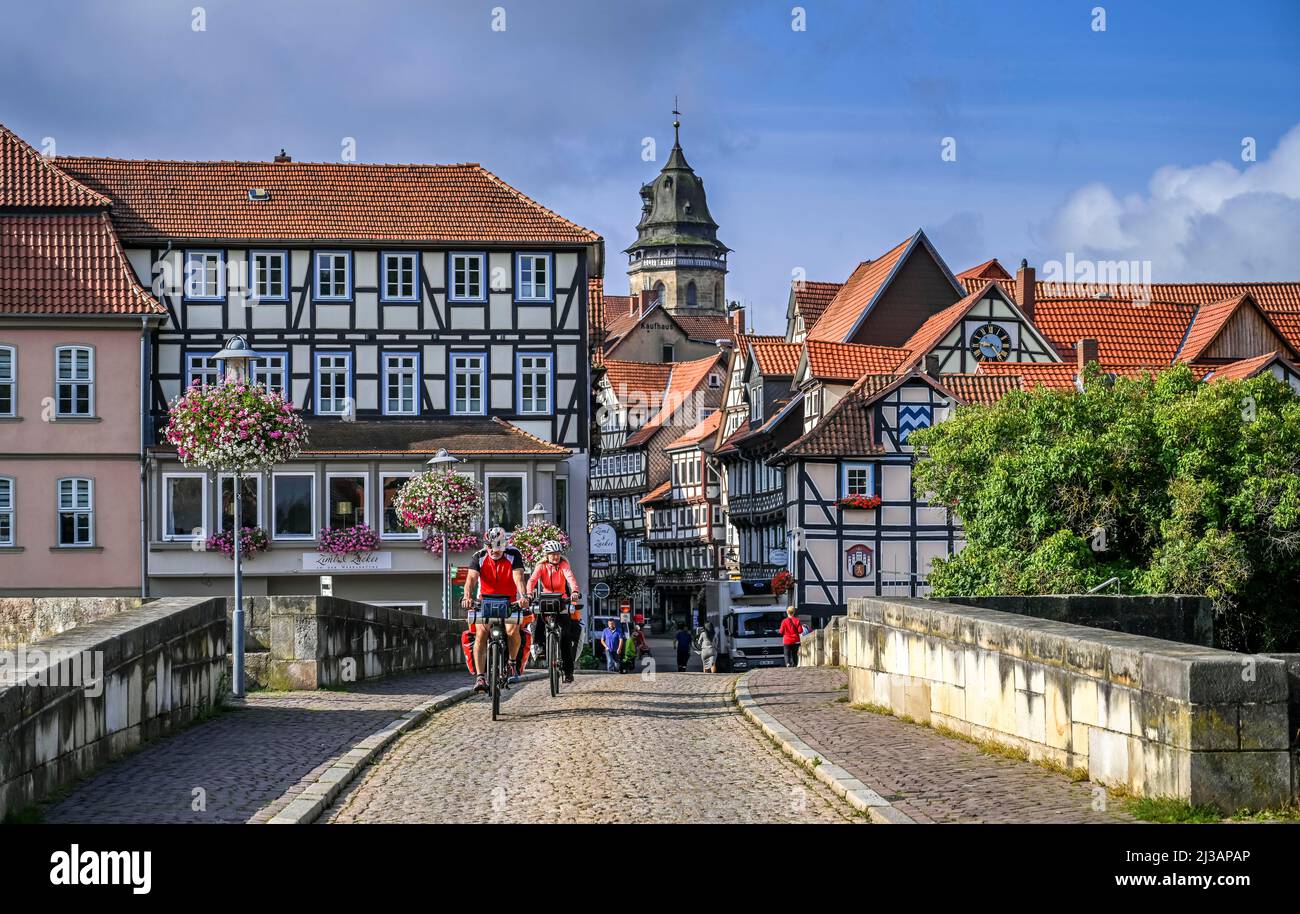 Werra-Brücke, Fachwerkhäuser, Altstadt, Hannoversch Münden, Niedersachsen, Deutschland Stockfoto