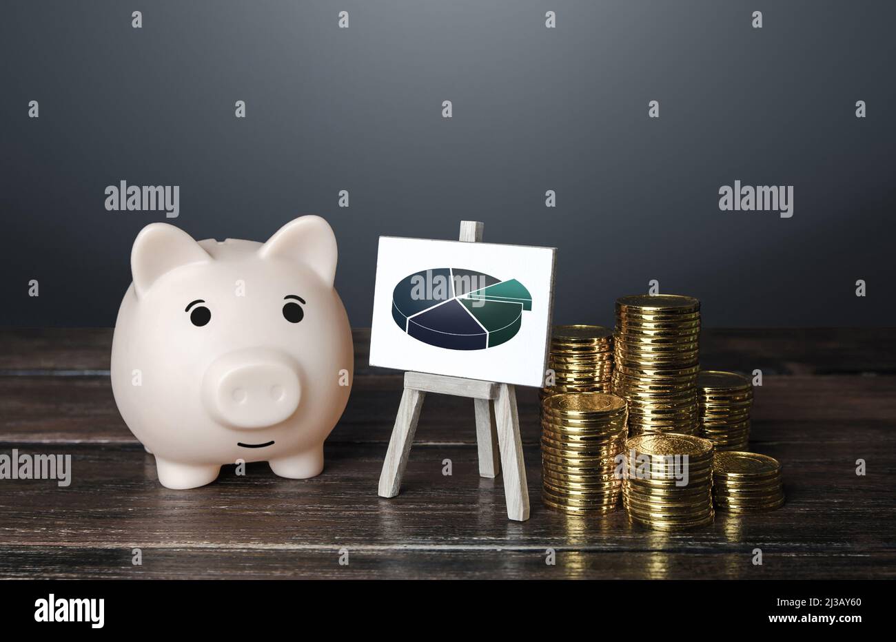 Sparschwein und Budget Geld. Planung eines Budgets. Investitionen. Finanzmanagement. Anlageportfolio. Steigerung der Einnahmen und Einsparungen. Kostenoptimierung Stockfoto