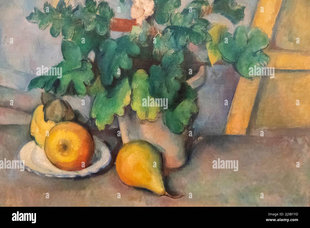 England, London, Somerset House, The Courtauld Gallery, Gemälde mit dem Titel „Topf mit Blumen und Früchten“ von Paul Cezanne aus dem Jahr 1888 Stockfoto