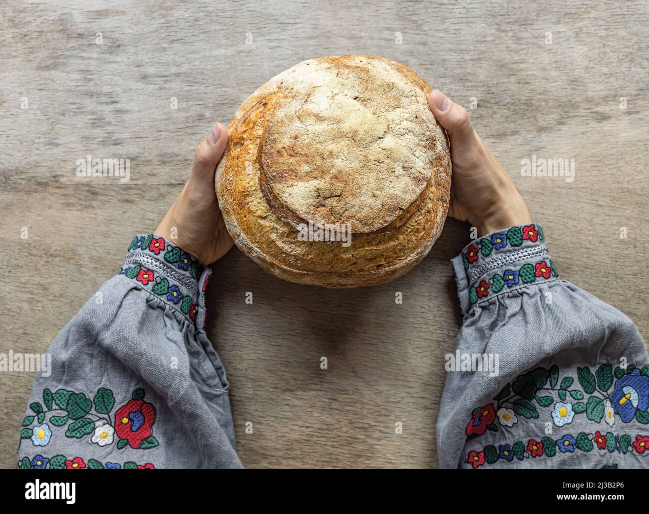 Eine Frau in ukrainischer Nationaltracht hält frisches Brot aus dem Ofen. Sauerteig hausgemachtes Brot. Stockfoto