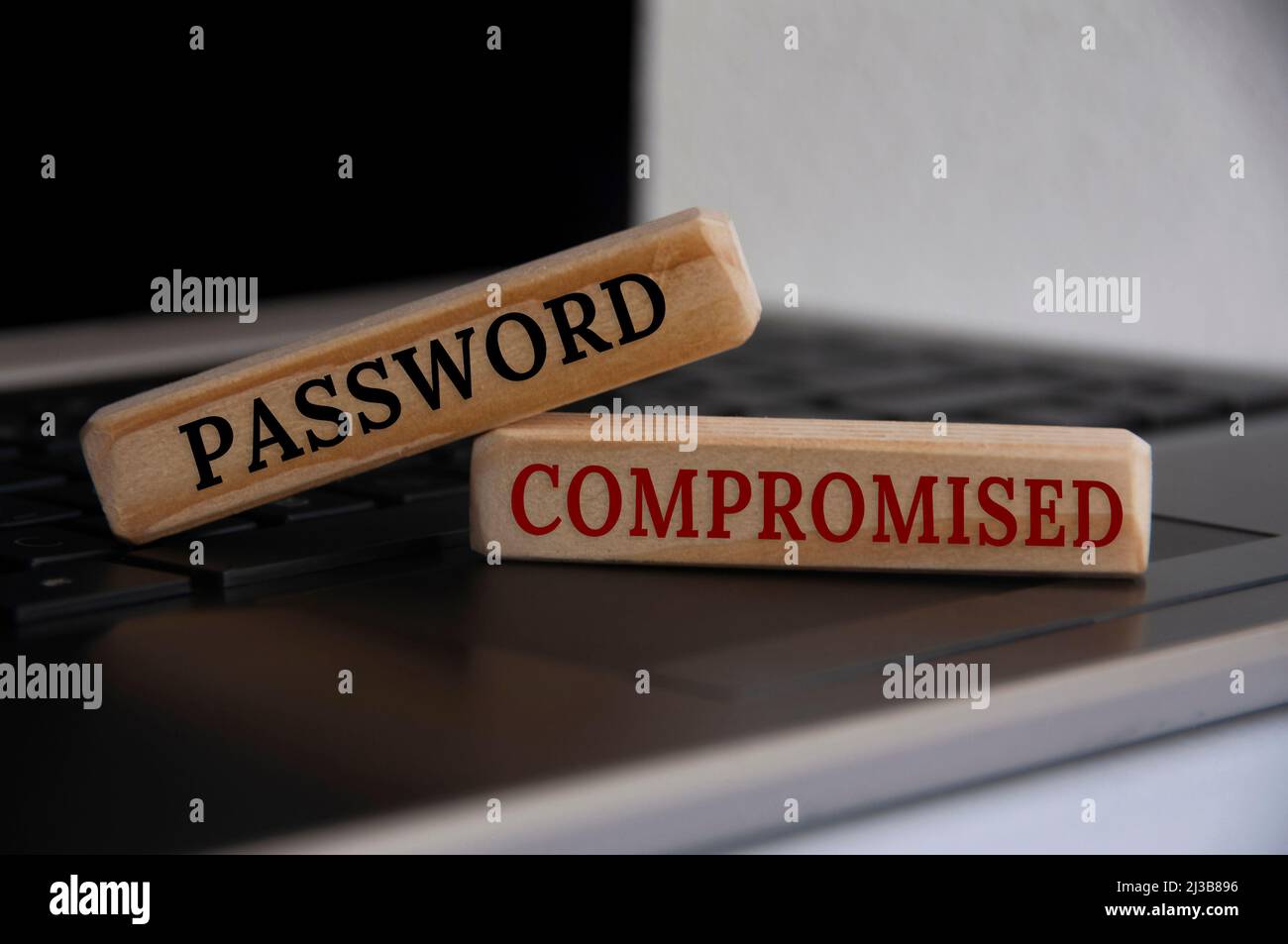 Passwortgefährdete Texte auf Holzblöcken auf einem Laptop. Geschäftskonzept Stockfoto