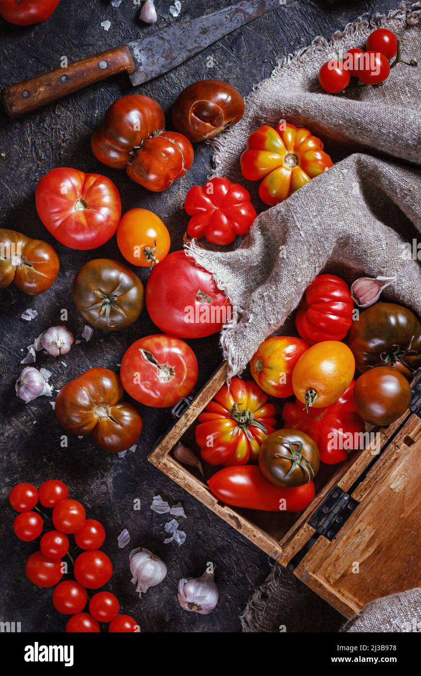 Frische bunte reife Tomaten erben im Herbst oder Sommer Sorten in einer Schachtel und vor dunklem Tischhintergrund. Сoncept der Ernte und Verarbeitung Stockfoto