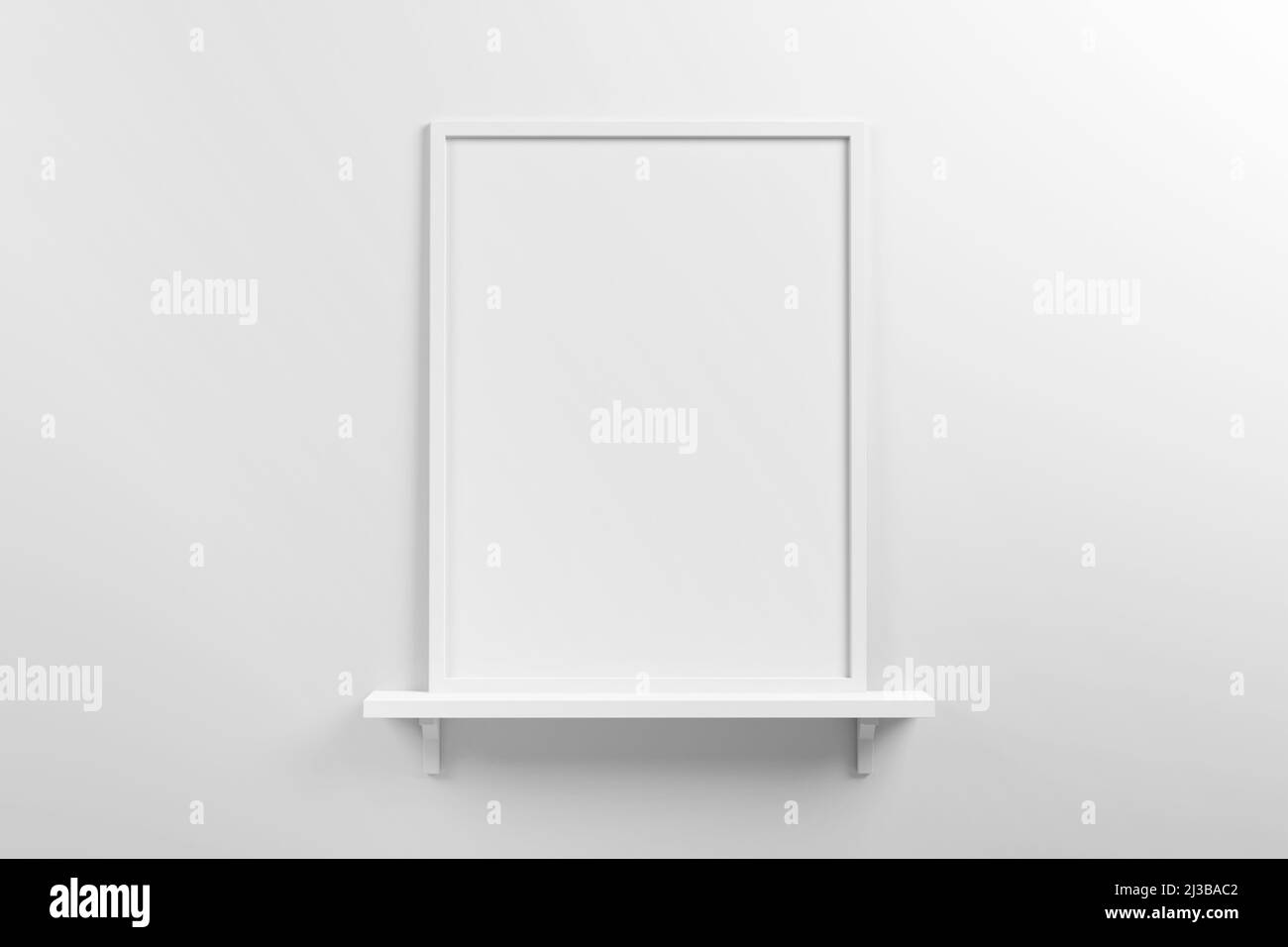 Kleiner vertikaler weißer Holzrahmen im skandinavischen Stil auf einem Regal auf leerem, neutralweißen Wandhintergrund. 3D Abbildung Stockfoto