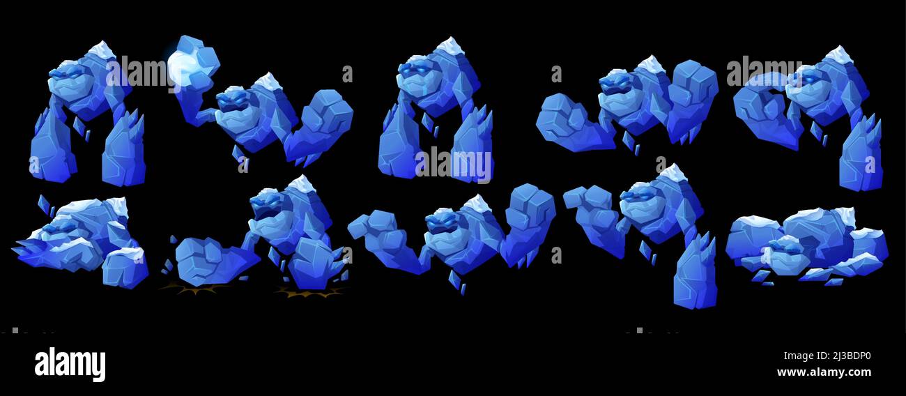 Eisgolem-Charakter in verschiedenen Posen isoliert auf schwarzem Hintergrund. Vektor-Cartoon-Set aus großen Kristall riesigen wütend, traurig und schläft. Fantasy Monster Fr. Stock Vektor