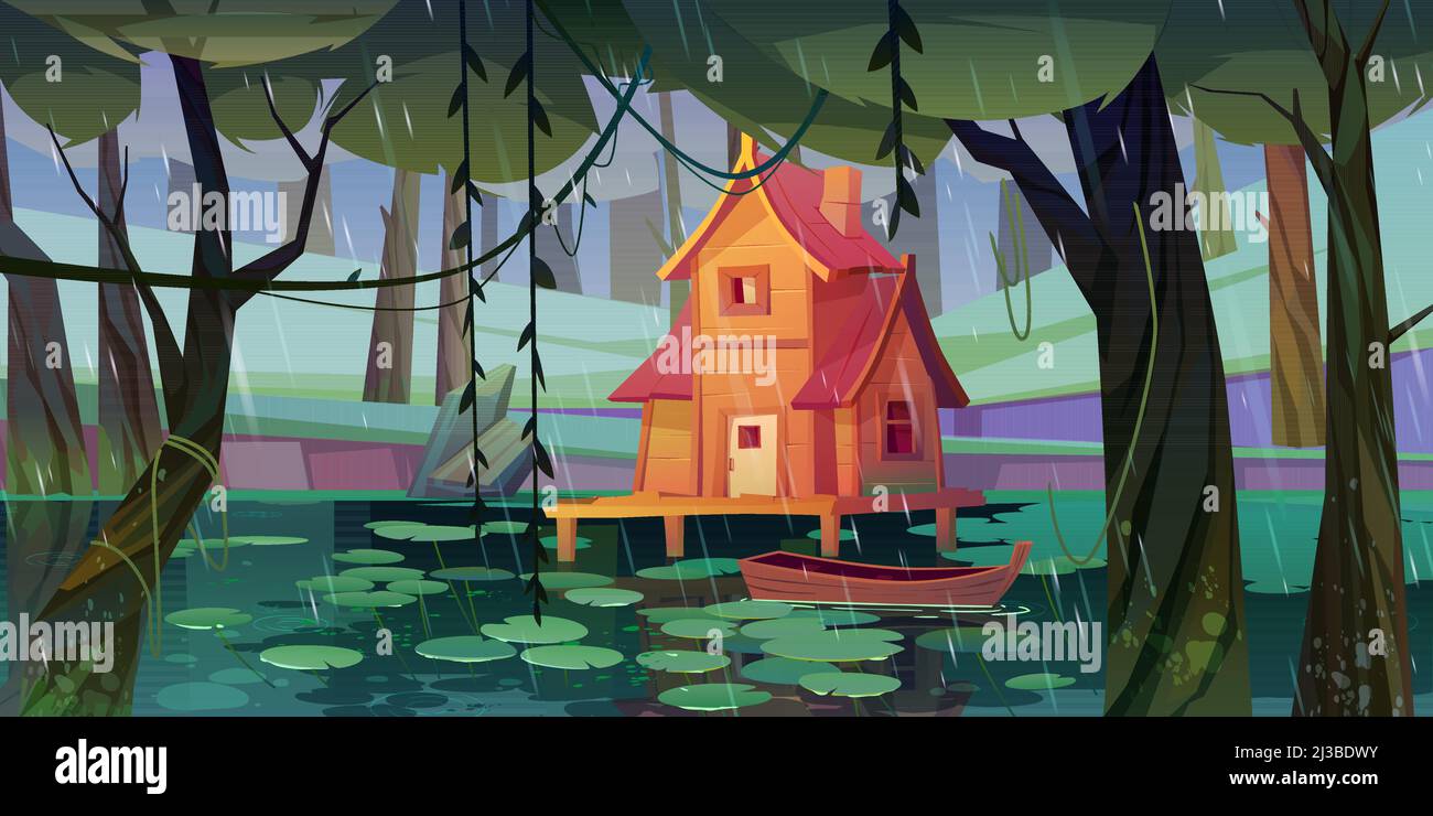 Stelzenhaus am Waldsumpf mit festgeschlemmtem Holzboot. Alte Hütte auf Pfählen in Fantasy-Holz, Hexenhütte am regnerischen Tag Hintergrund, mystische Naturlandschaft wi Stock Vektor