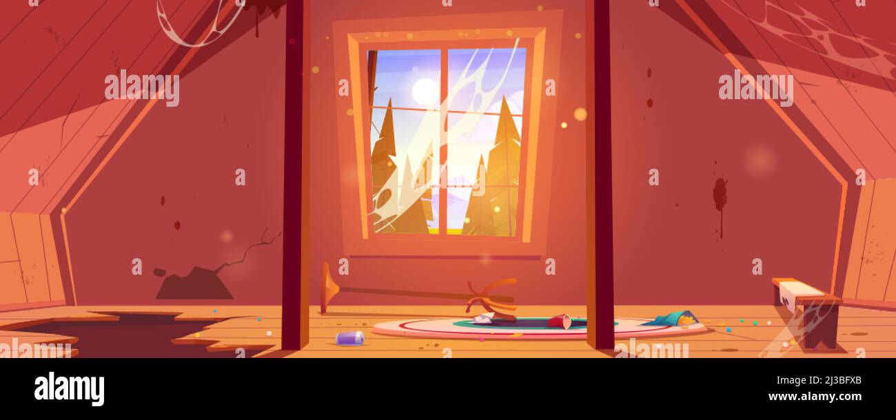 Altes Dachgeschoss in verlassenen Haus mit Bergen und Bäumen hinter Fenster. Vektor-Cartoon-Innenraum des Dachgeschosses mit gebrochenem Holzboden, Unordnung und spid Stock Vektor
