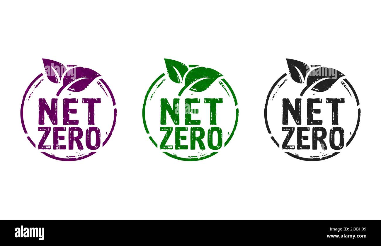 NET Zero und umweltfreundliche Symbol Stempel Symbole in wenigen Farbversionen. CO2 neutral, Ökologie, Umwelt, CO2-Reduktion und grüne Energie Stockfoto