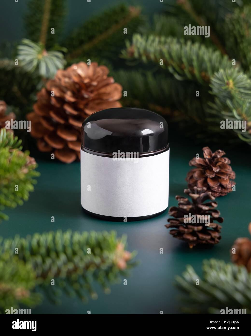 Braunes Glasgefäß in der Nähe von Tannenzweigen und Tannenzapfen auf dunkelgrünem Nahaufnahme. Modell der Markenverpackung. Hautpflegeprodukt, Creme oder Serum. Gesundheitswesen n Stockfoto
