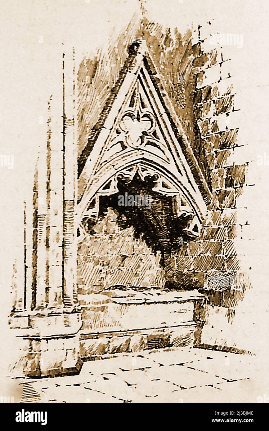 Ein 19.-Jahrhundert-Foto des Grabes und Grabes von Bischof Bradfield (Rochester Cathedral, UK). Am 29. Mai 1278 wurde ein ehemaliger Mönch in der Kathedrale von Rochester, John Bradfield alias John de Bradfield, geweiht. Er starb am 23. April 1283 Stockfoto