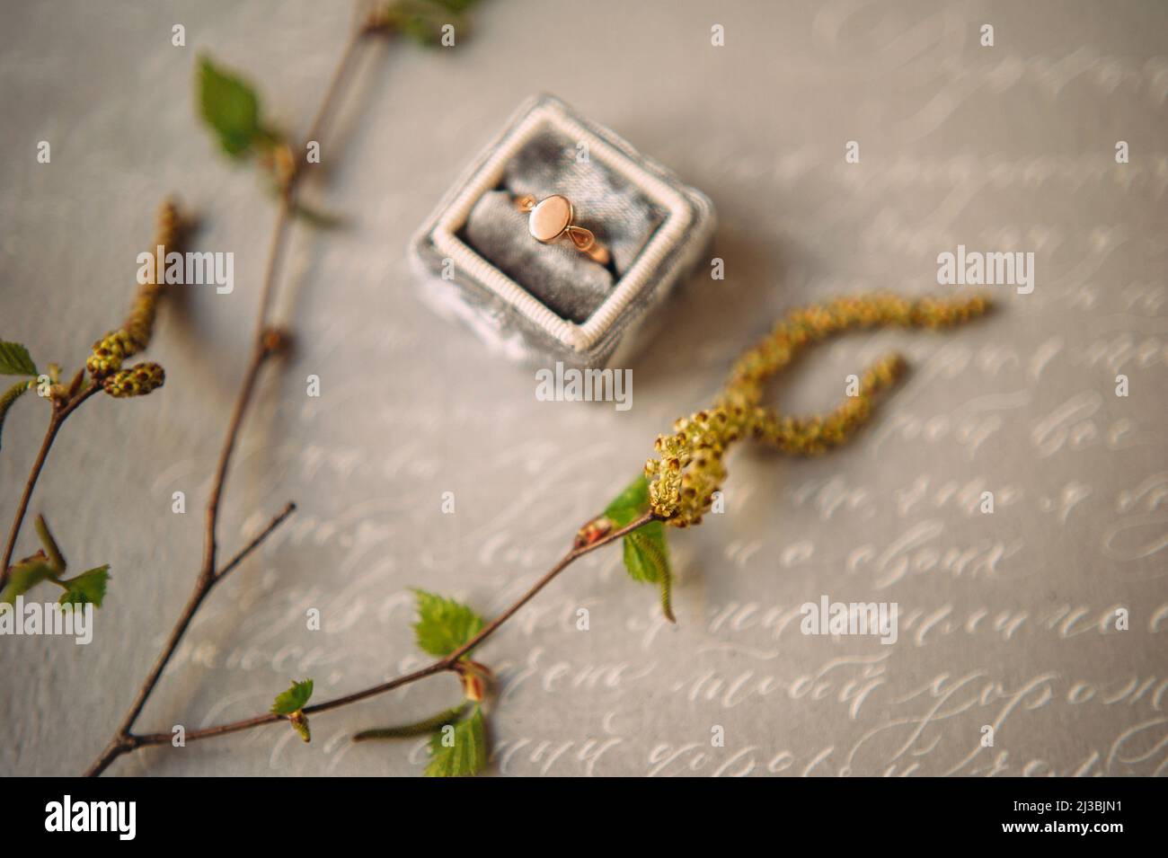 Vintage Verlobungsring aus Rotgold in einer grauen Schmuckschatulle auf dem Hintergrund von Kalligraphie und blühenden Zweigen. Retro-Ring für Braut Stockfoto