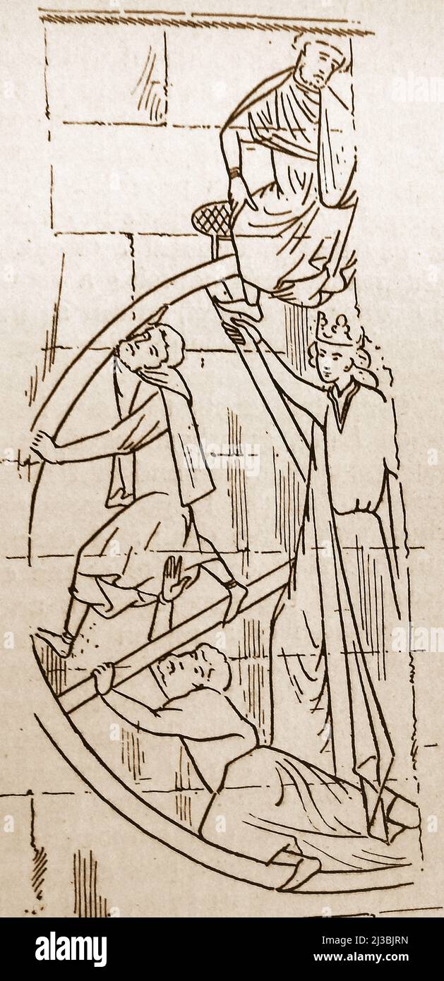 Eine Skizze aus dem 19.. Jahrhundert des Wandbildes „Glücksrad“ im Chor der Kathedrale von Rochester, Großbritannien Stockfoto