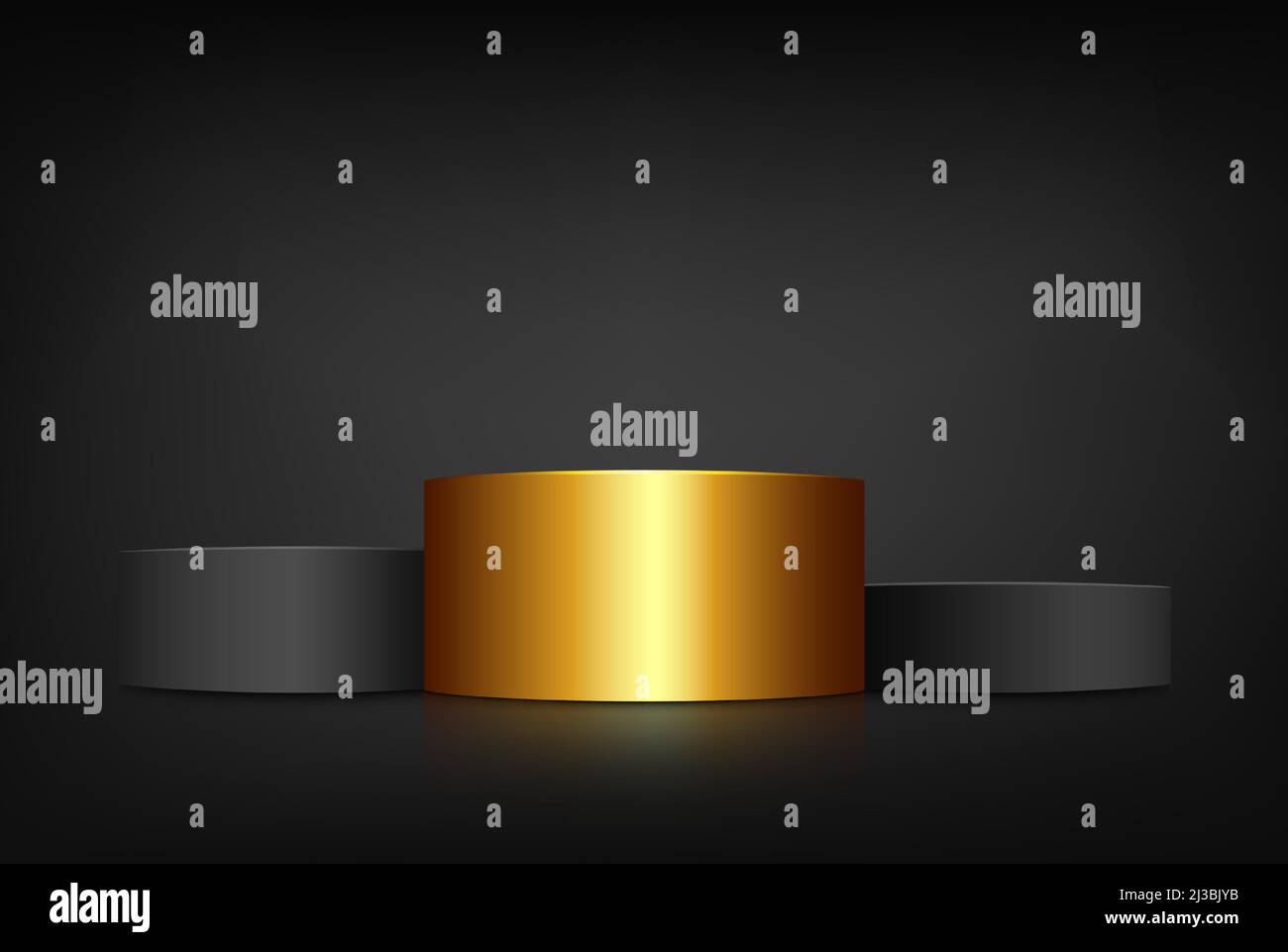 Minimalistische Bühne, um Ihre Produkte zu präsentieren. 3D schwarzer und goldener Standzylinder auf dunklem Hintergrund. Plattform oder Podium. Stock Vektor