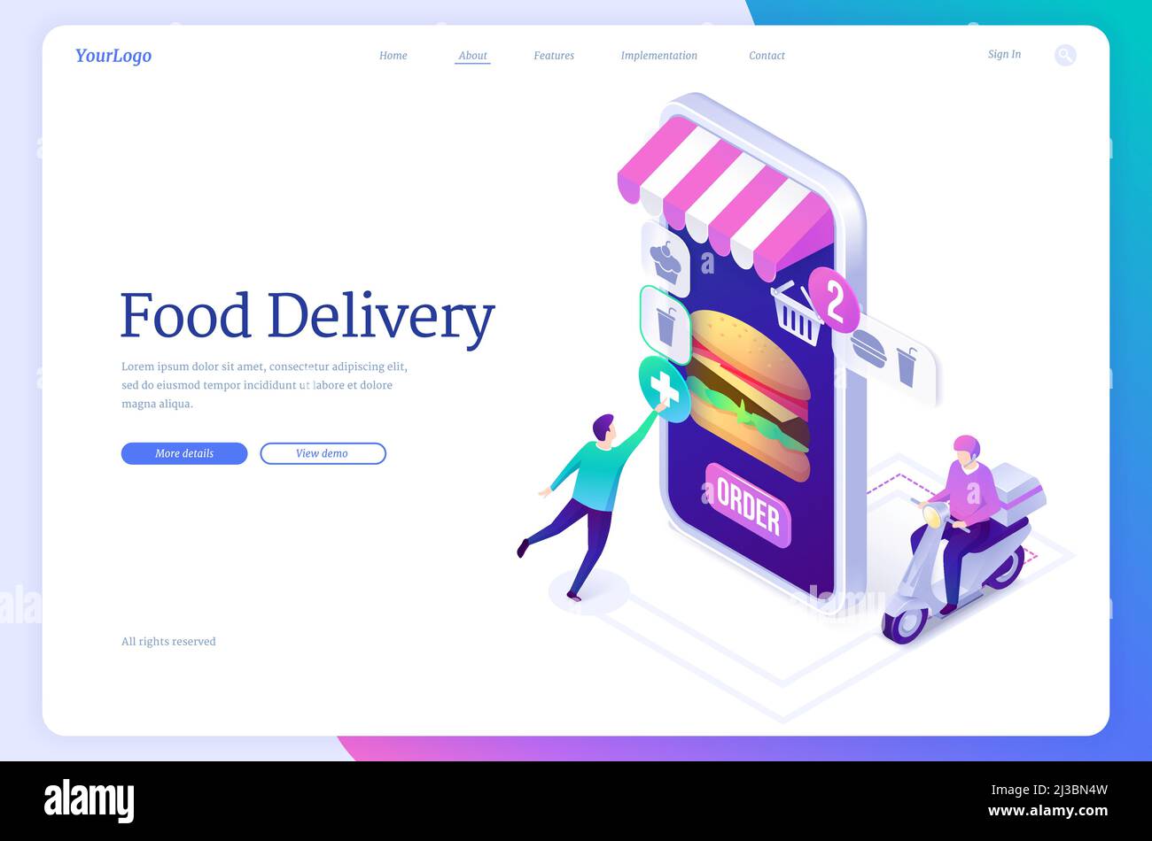 Banner für die Lebensmittelzustellung. Online-Service für Bestellungen im Restaurant oder Geschäft mit schnellem Versand. Vektor-Landing-Page mit isometrischer Darstellung von smartph Stock Vektor