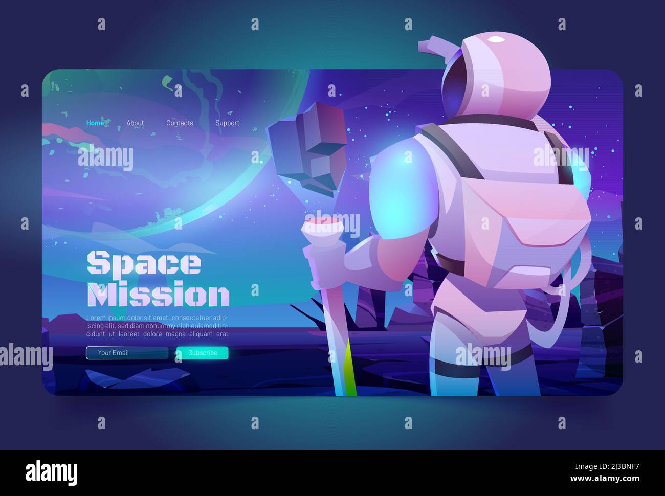 Banner für Weltraummissionen mit Astronaut im Anzug und Helm auf einem fremden Planeten in der fernen Galaxie. Vektor-Landing-Page von Kosmos Exploration mit Cartoon-illustrate Stock Vektor