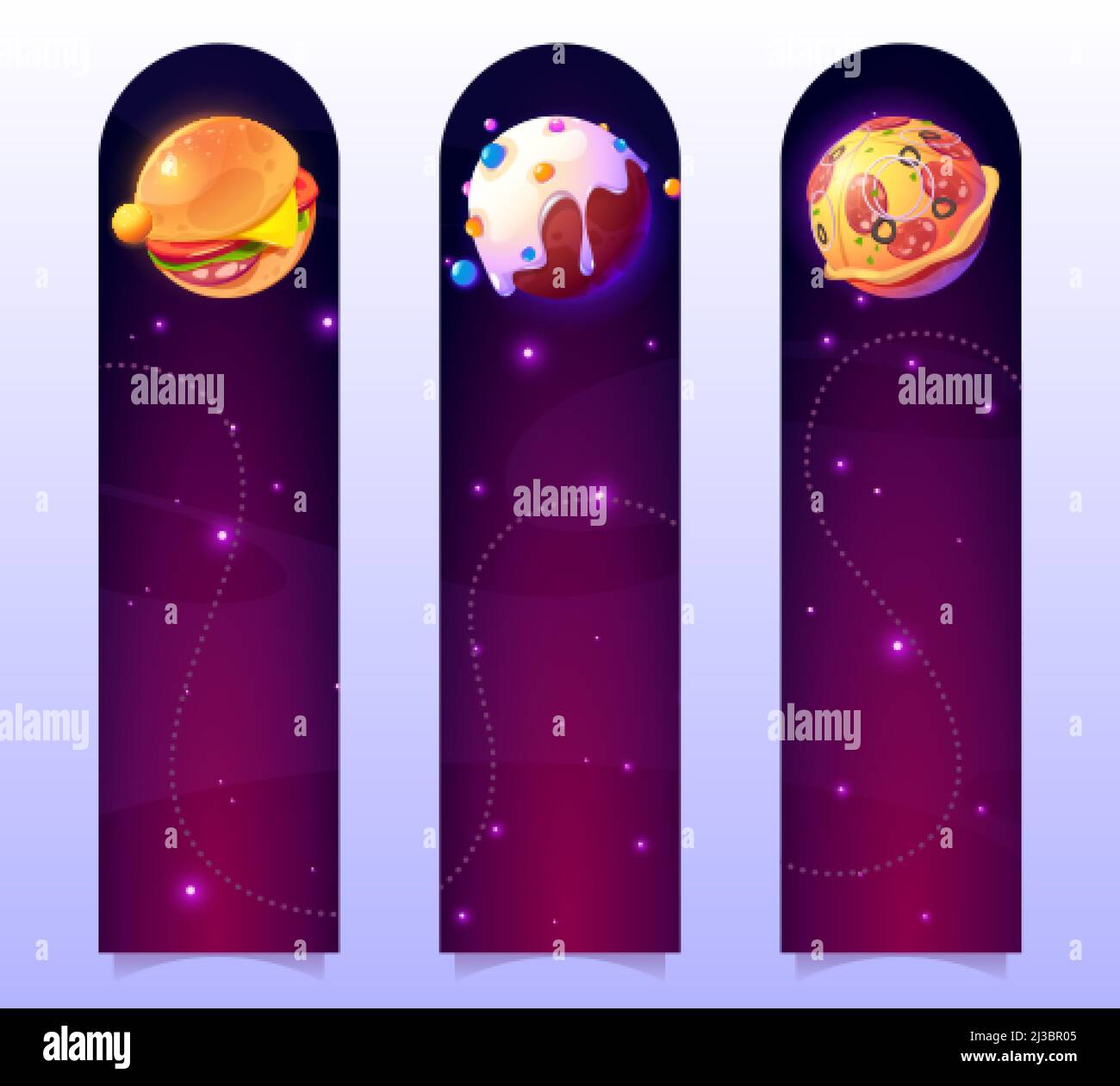 Lustige Lesezeichen mit Nahrungs-Planeten im Weltraum. Vector vertikale Banner mit Cartoon-Illustration der Fantasy-Galaxie mit Kugeln mit Pizza, Burger Stock Vektor