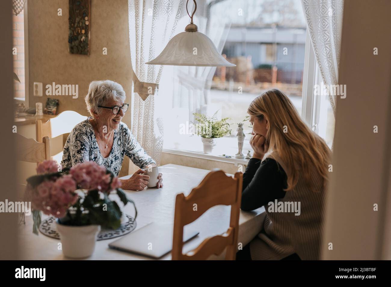 Großmutter und Erwachsene Enkelin sitzen am Tisch und trinken Tee Stockfoto