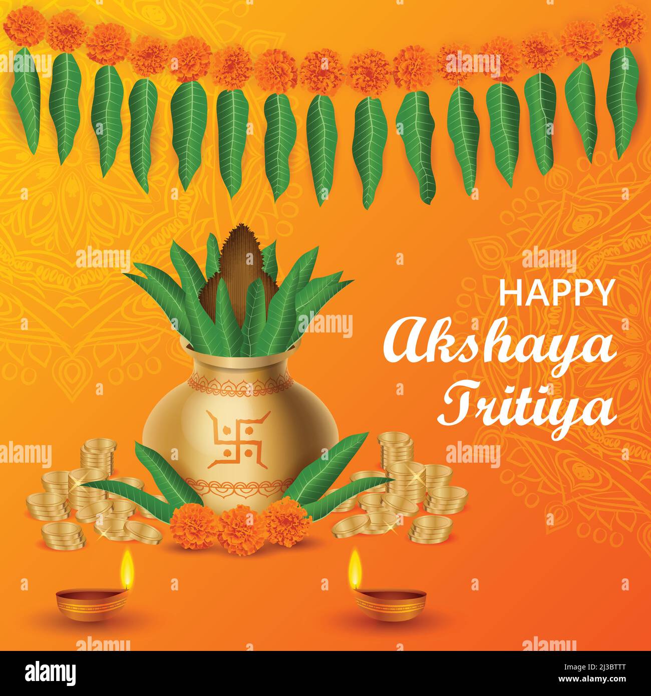Happy Akshaya Tritiya Hindu Festival Grußkarte Design Hintergrund. Ringelblume, Mangoblätter, Kokosnuss, Kalasch, Goldmünzen, Und Öllampen Vektor Stock Vektor