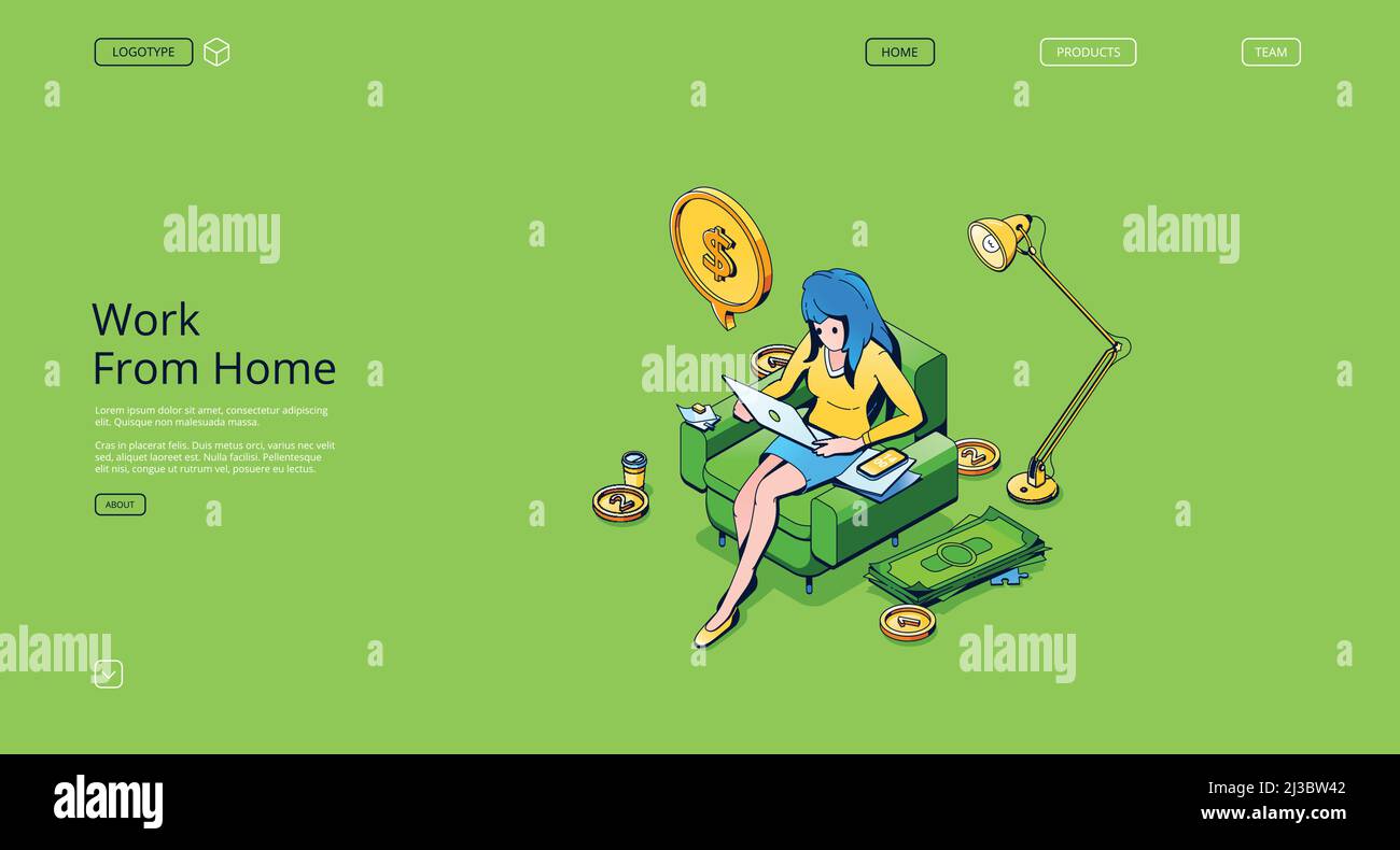 Arbeiten Sie von der isometrischen Startseite aus. Freiberufliche Mitarbeiterin, die an einem Laptop arbeitet und auf einem Sessel im Büro sitzt. Entfernter Arbeitsplatz für Geschäftsfrau, Stock Vektor