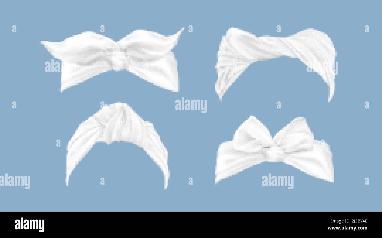 Weiße Stirnbänder, Frauenhaarbandana mit gebundener Schleife. Vektor realistische Set von Vintage Haarreifen, Stoffbänder für den Kopf. Mode Mädchen Accessoires Isolat Stock Vektor