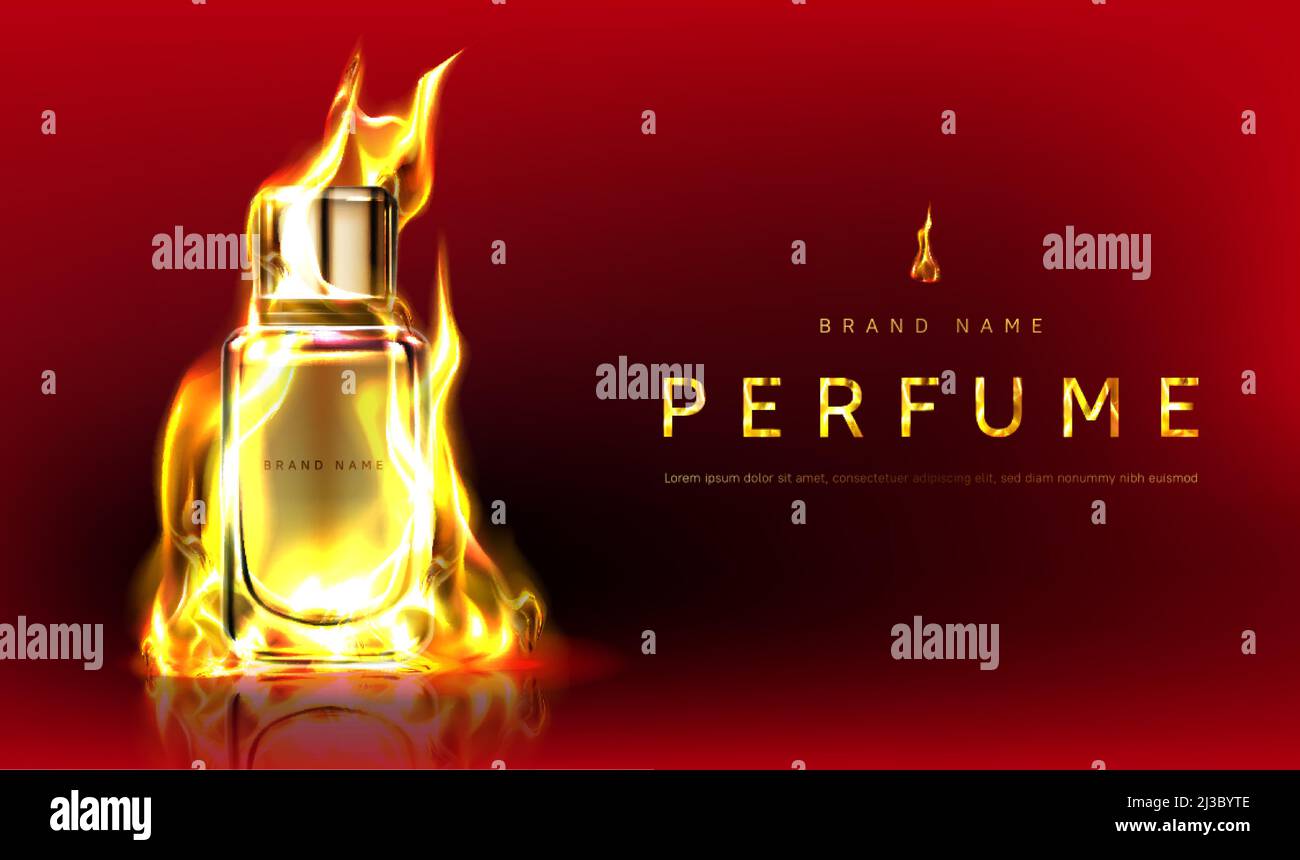 Parfümflasche in Feuerflamme. Vector realistisches Markenposter mit Premium Duft Produkt, Männer köln in flammenden Glasflasche. Werbebanner, erw Stock Vektor