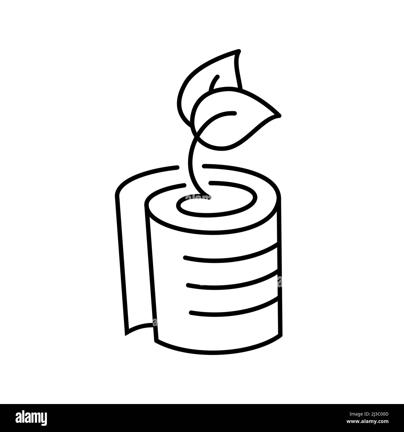 Symbol für Linie aus recyceltem Papier. Produktsymbol für organisches Papier. Papierrolle mit Blättern. 100 % Zellulosepapier. Umweltfreundliche Industrie. Vektorgrafik. Stock Vektor