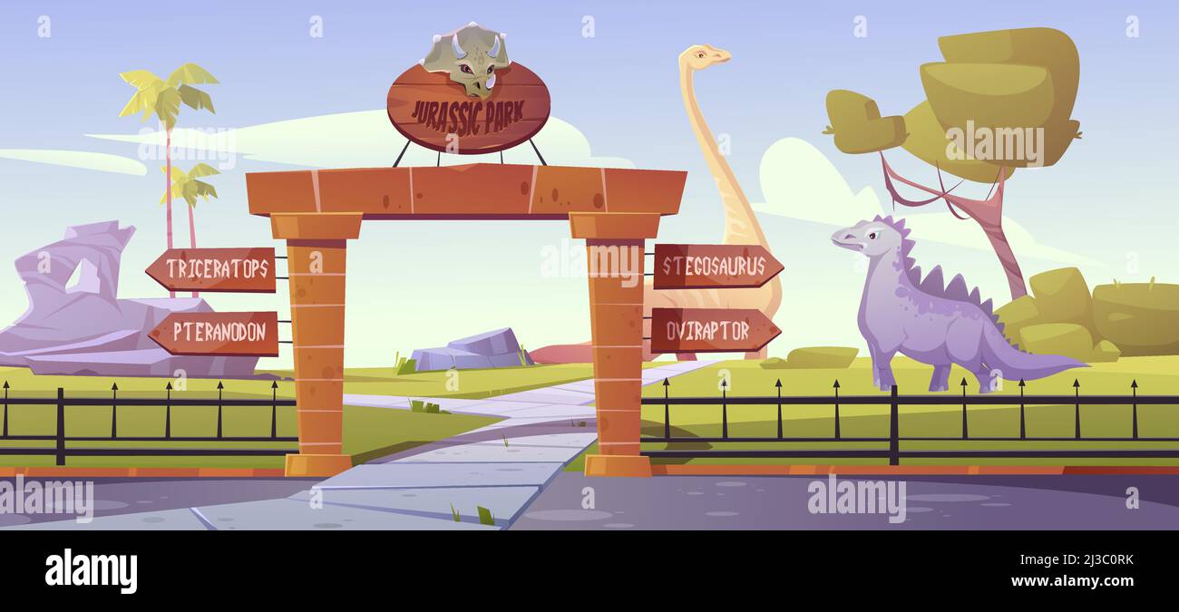 Jurassic Park Tore mit Hinweisen auf Dinosaurier Triceratops, pteranodon, stegosaurus, oviraptor Bereiche. Outdoor Dino Zoo mit prähistorischen Ära Landschaftsbau Stock Vektor