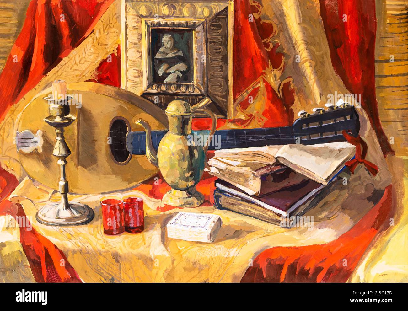 Stillleben mit Mandoline, alten Büchern, einem Gemälde, einem Kerzenständer und einem Krug auf einem roten Vorhang mit gelbem Muster, handbemalt in Tempera auf Papier Stockfoto