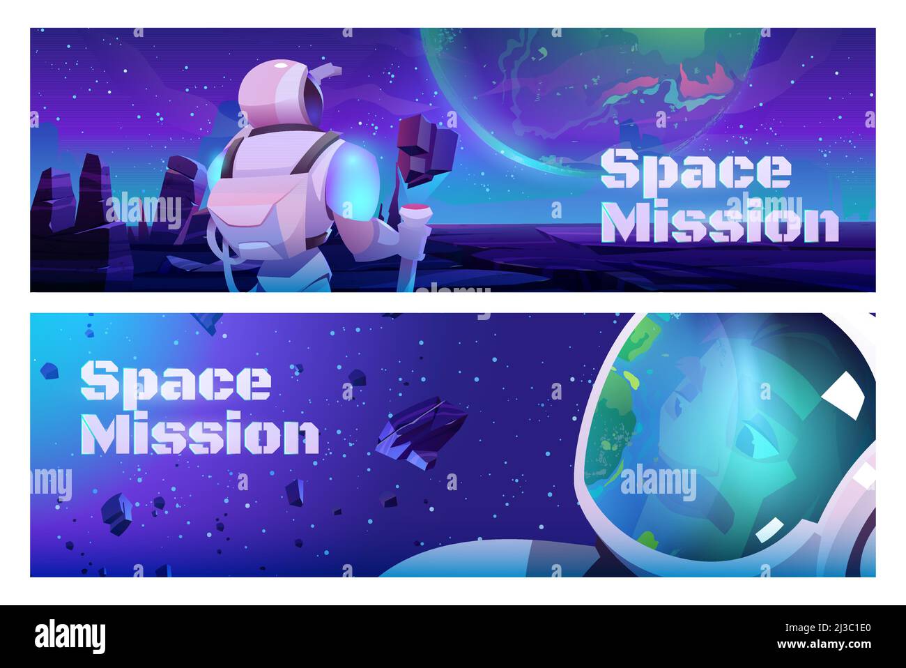 Banner für Weltraummissionen mit Astronaut im Anzug und Helm auf einem fremden Planeten in der fernen Galaxie. Vektor-Header von Kosmos Exploration mit Cartoon-Illustration o Stock Vektor