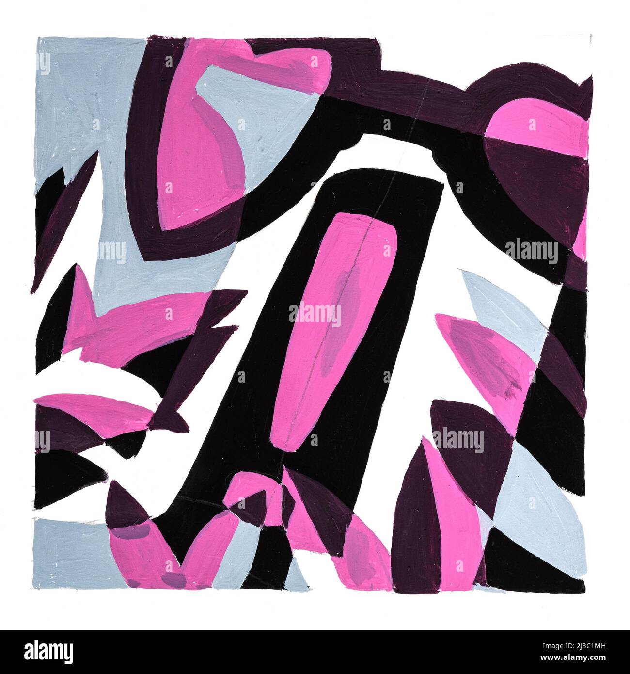 Abstrakte grafische Komposition mit Ausrufezeichen, Gläsern, Blättern, handgezeichneter Schrift mit braunen, grauen und schwarzen Farben auf weißem Papier Stockfoto