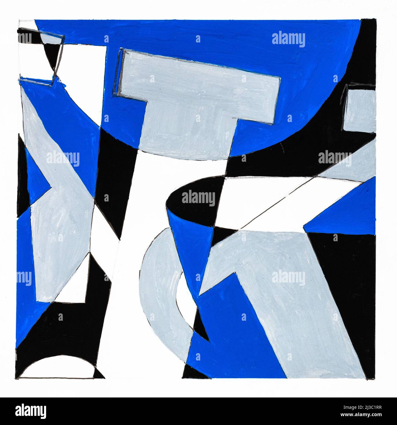 Abstrakte geometrische Komposition mit Buchstabe K und Becher handgezeichnet mit braunen, grauen und schwarzen Farben auf weißem Papier Stockfoto