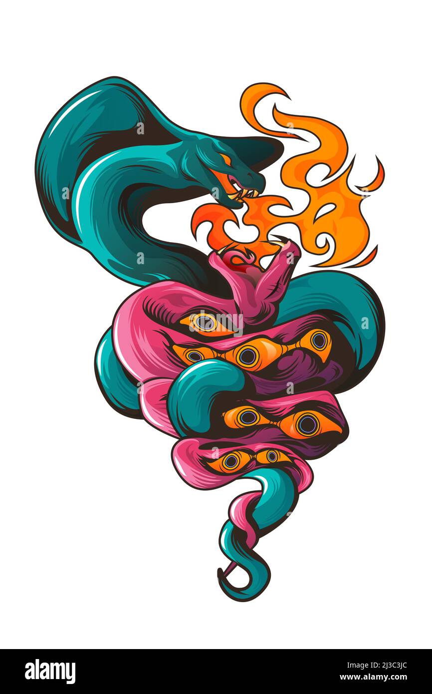 Tattoo mit Schlangen und Augen. Gefährliche Schlangen verwickelten sich in einen Ball mit Feuer im offenen Mund mit scharfen Reißzähne, Kobra spirituellen Symbol, Männlichkeit und Stock Vektor