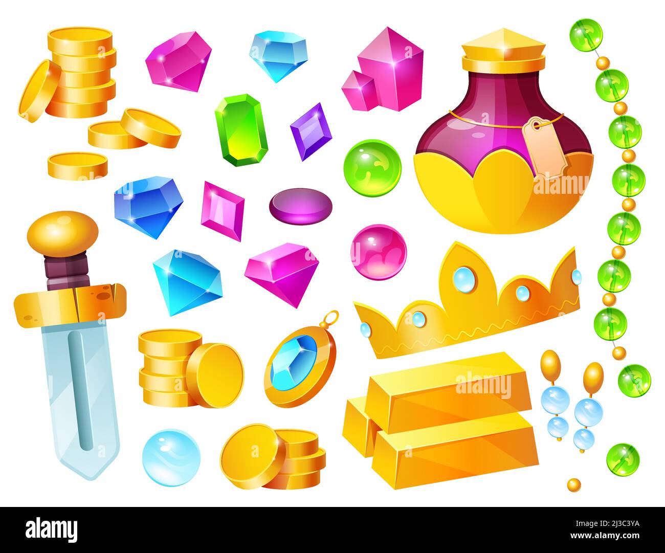 Schatz, magische Gegenstände, goldene Münzen, Kristallsteine, Krone, Schwert und Goldbarren mit Tränke, kostbare Steine und Schmuck, ui-Spielelemente, Piratenklo Stock Vektor