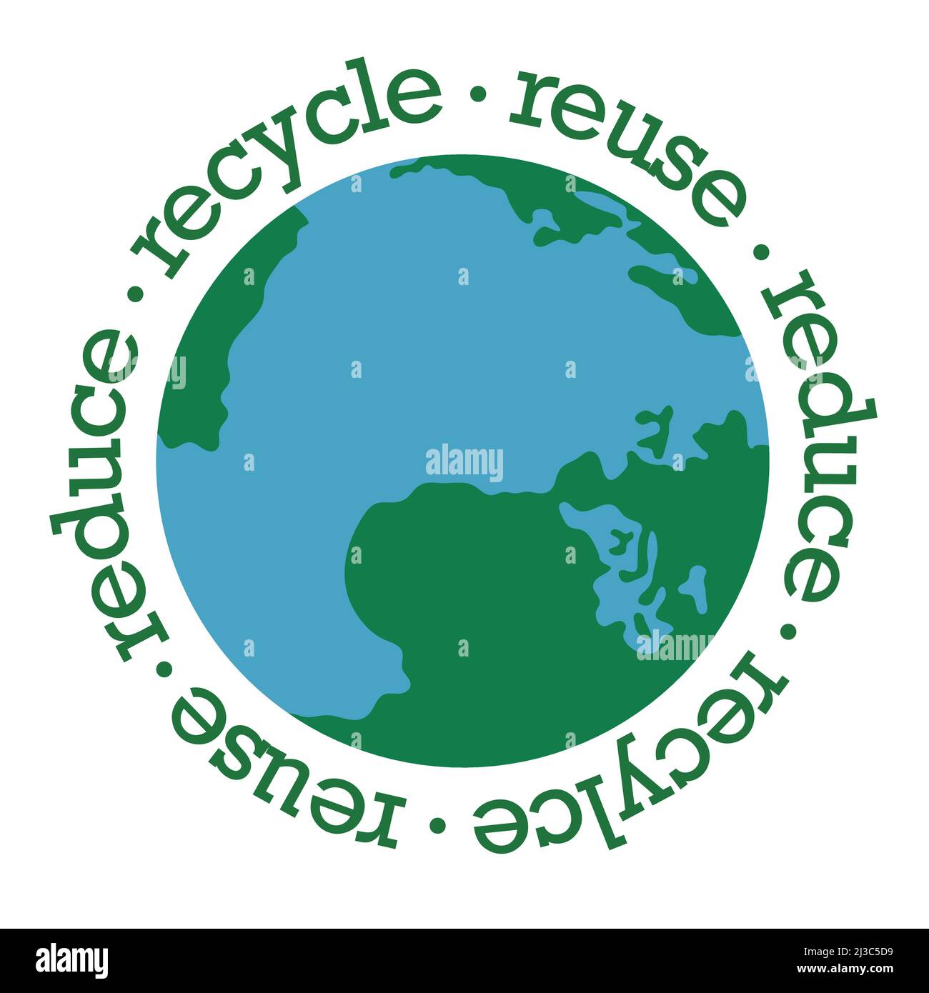 Erde mit Typografie von recyceln, wiederverwenden und reduzieren Vektor-Illustration isoliert auf weißem Hintergrund. Abfallbewirtschaftungskonzept. Stock Vektor
