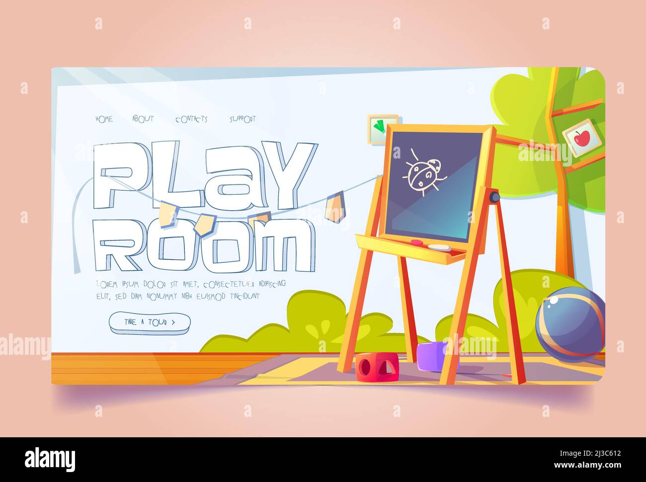 Spielzimmer Banner mit Möbeln und Spielzeug für Kinder. Vektor Landing Page, Kindergarten oder Kindertagesstätte mit Cartoon-Innenraum des leeren Kindergartens mit Stock Vektor