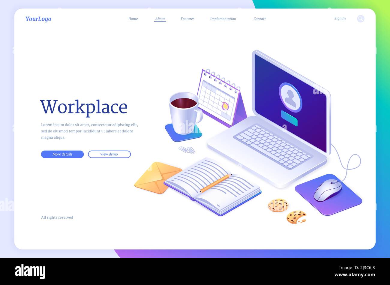 Isometrische Landing Page des Arbeitsbereichs, Heimarbeit, Konzept des Büros im Inland. Freiberufler-Tisch mit Laptop, Kalender, offenem Notizblock, Kaffee mit Keksen a Stock Vektor