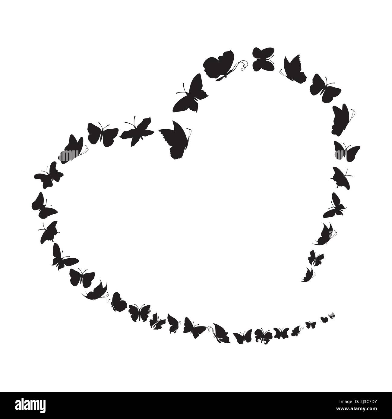 Fliegende Schmetterlinge im herzförmigen Rahmenmuster. Black Sketch Clipart Butterflys auf weißem Hintergrund. Vektorgrafik Stock Vektor