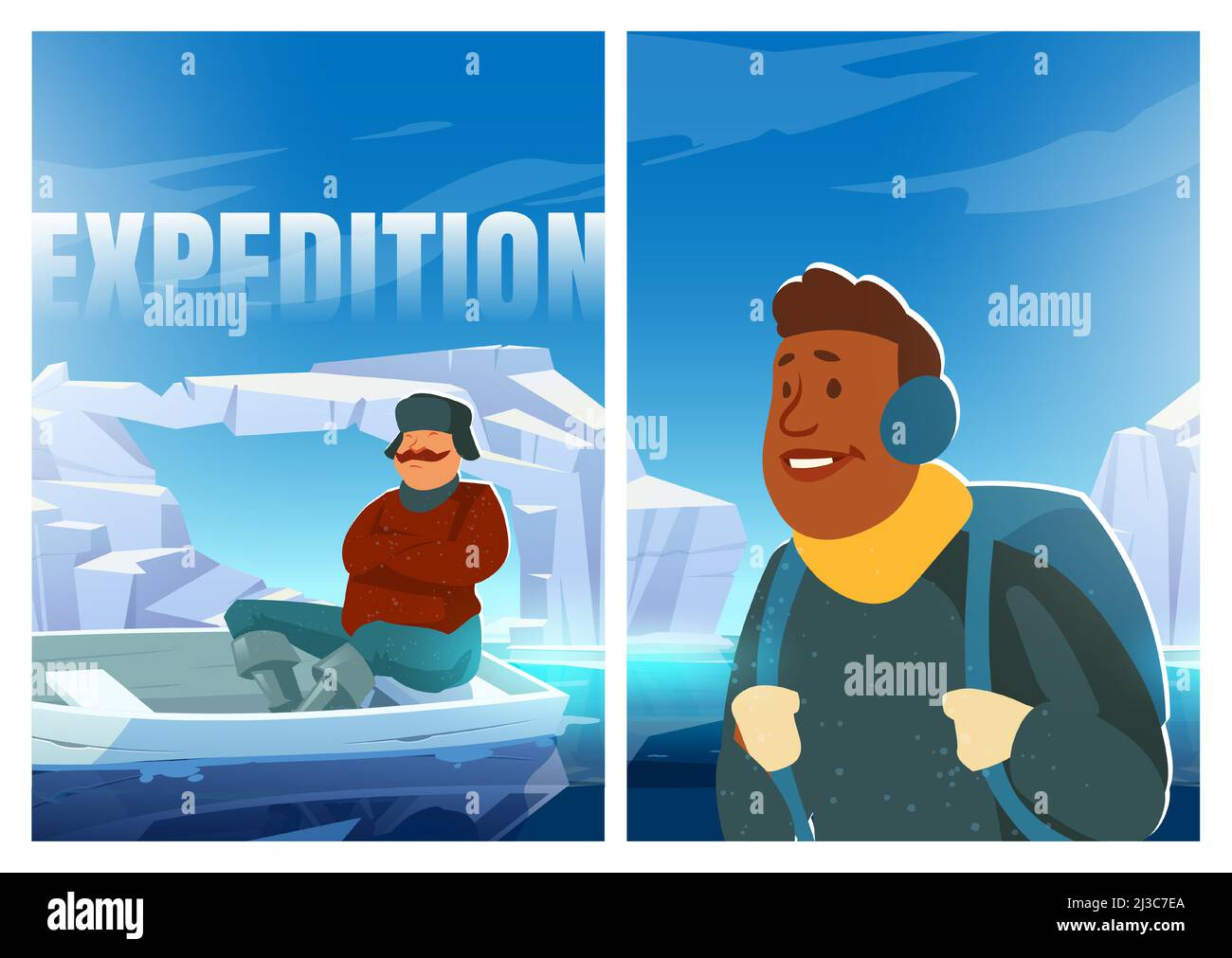 Expeditionsplakat mit Menschen auf Gletscher in der Arktis. Konzept der wissenschaftlichen Forschung auf dem Nordpol oder der Antarktis. Vektor Cartoon Illustration von Männern Witz Stock Vektor