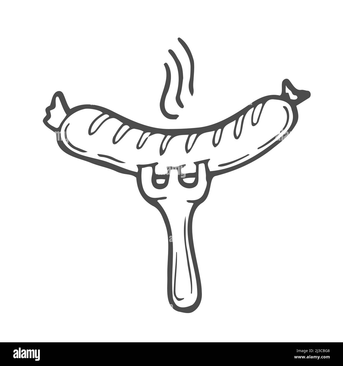 Vektor-Illustration-Element mit Wurst auf einer Gabel im Doodle-Stil. Handgezeichnete Lebensmittel. Symbol, Symbol, Logo. Stock Vektor