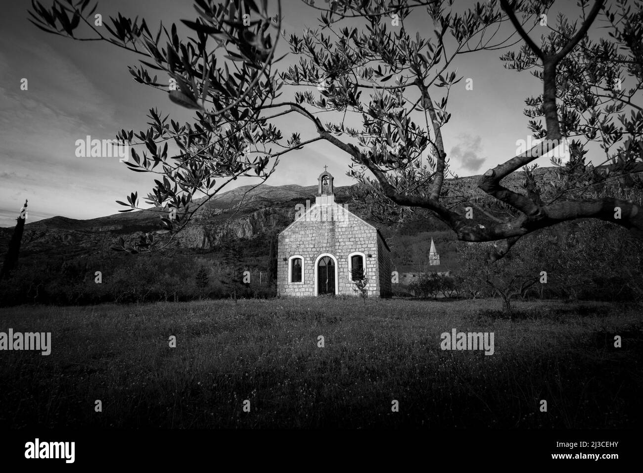 Alte Kirche der Heiligsten Dreifaltigkeit im Dorf Pridvorje. Konavle. Kroatien. Stockfoto