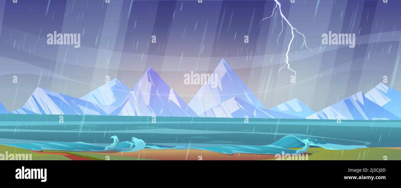Gewitterlandschaft mit Flussufer, Wind, Regen, Bergen am Horizont und Blitzen am Himmel. Vektor-Cartoon-Illustration von Sturm Wetter auf See c Stock Vektor