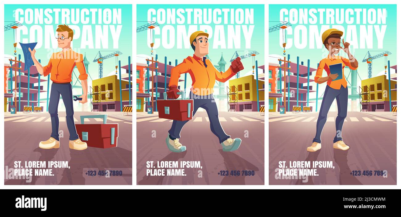 Plakate der Baufirma mit Menschen im Helm auf der Stadtstraße mit Bauarbeiten. Vektor-Flyer mit Cartoon-Illustration der Stadtlandschaft mit const Stock Vektor