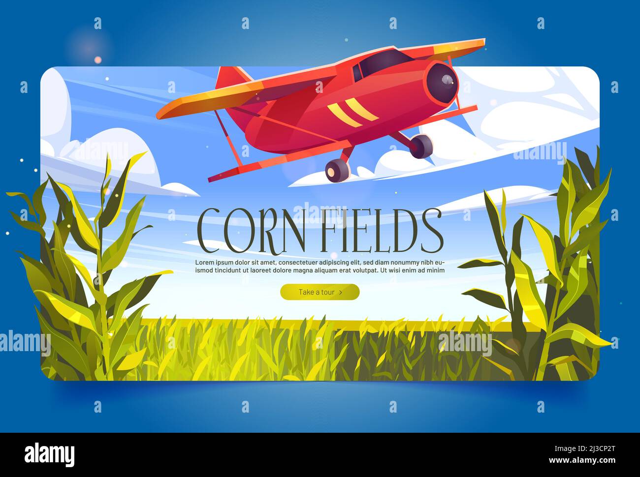Maisfelder Banner mit grünen Getreidepflanzen und rotem Flugzeug. Vektor-Poster mit Landwirtschaft Maisfeld und fliegenden Doppeldecker. Ackerland mit Plantage von Stock Vektor