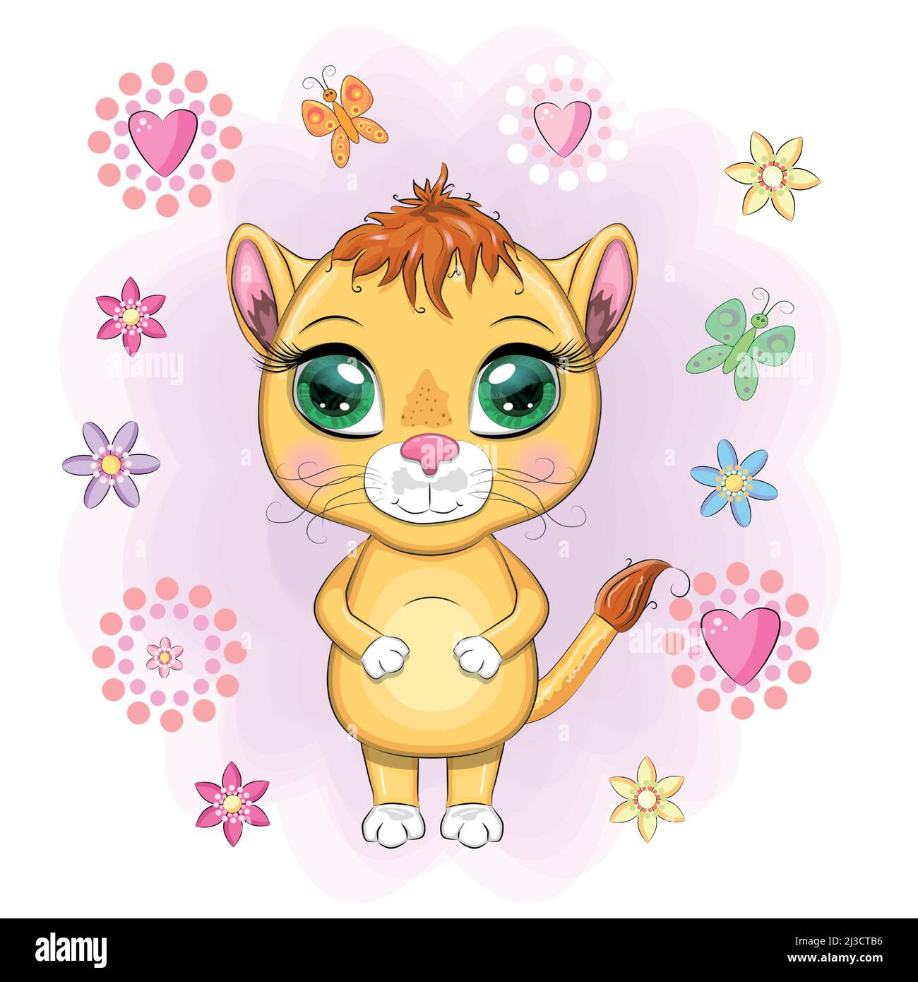 Cartoon-Löwin mit ausdrucksstarken Augen. Wilde Tiere, Charakter, kindisch niedlichen Stil Stock Vektor