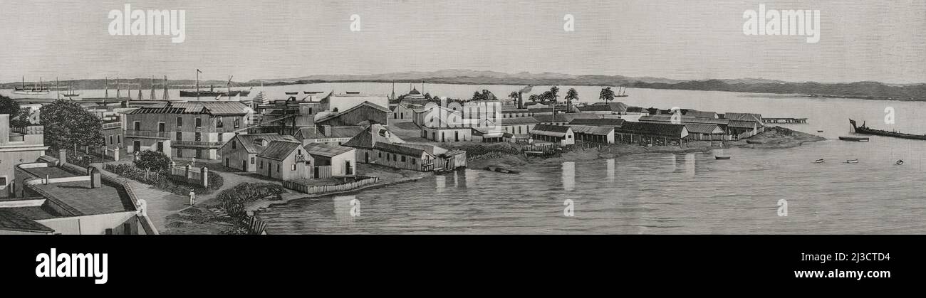 Puerto Rico. Stadt San Juan. Das Viertel La Marina und die Bucht. Gravur. La Ilustración Española y Americana, 1898. Stockfoto